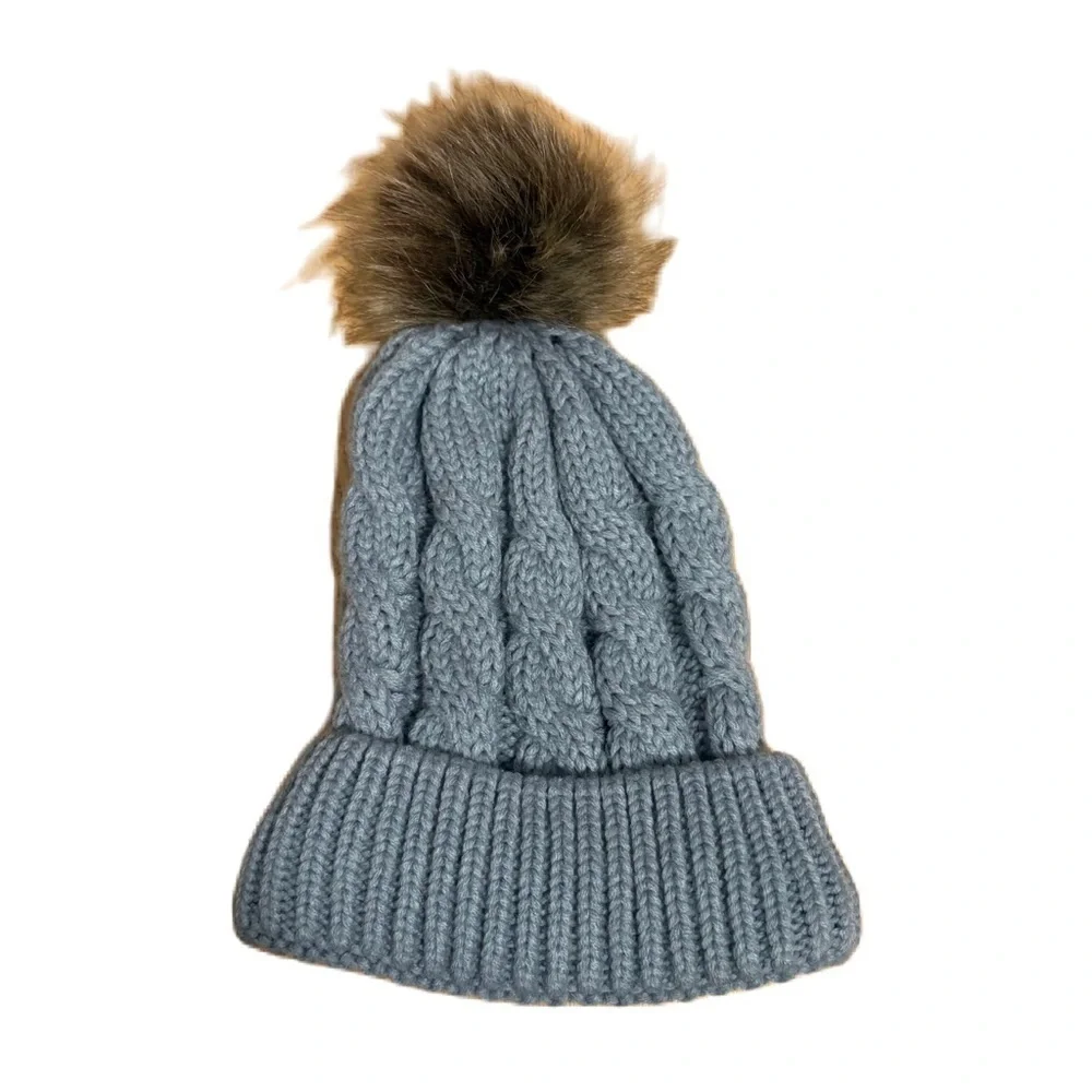 Cozy Gray Knit Pom-Pom Beanie for Kids Hat Rolled Edge Twist Faux Fur Top